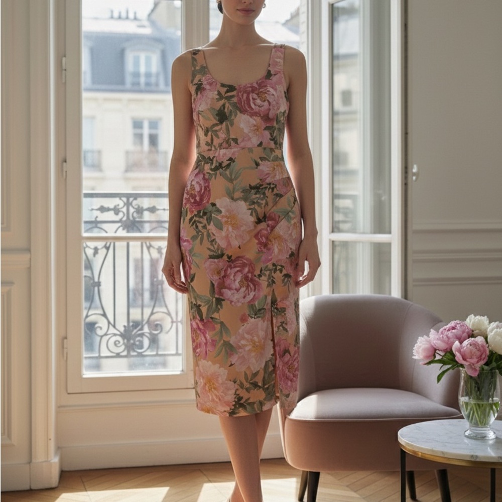 Floral Midi Dress with Pink and Green Accents